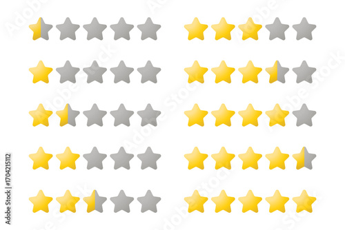 Set of Gradient Yellow Rating Star icon for Game from 0,5 to 5 Stars. High Quality Editable Icon Vector