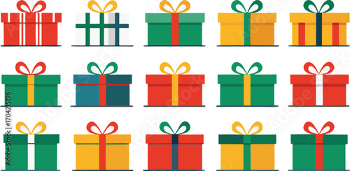 Colorful gift boxes set for christmas. Vector illustration present boxes on transparent background. Flat design style.