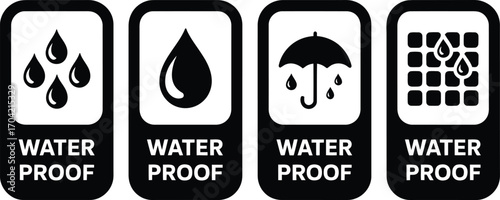 Four waterproof symbols with water drops and umbrella icons