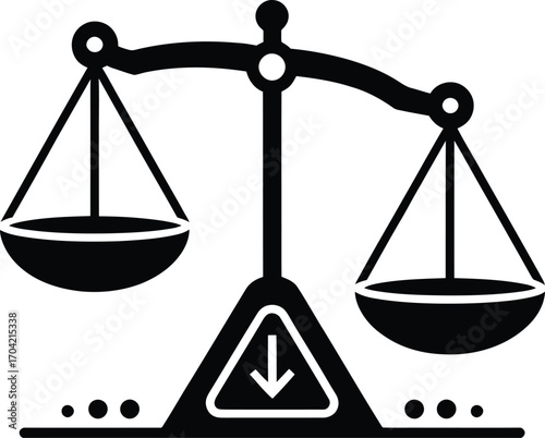 Black and white illustration of a balancing scale with an arrow pointing down