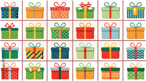 Colorful gift boxes set for christmas. Vector illustration present boxes on transparent background. Flat design style.