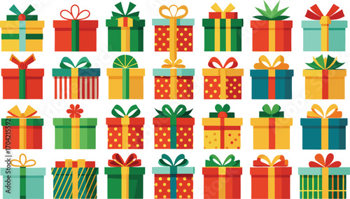 Colorful gift boxes set for christmas. Vector illustration present boxes on transparent background. Flat design style.