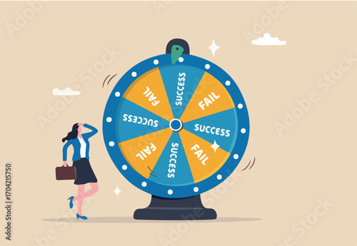 Success or failure, challenge to win opportunity, career or job risk to fail or achieve success, luck or fortune, winner or loser concept, businesswoman looking fortune wheel of success and fail.