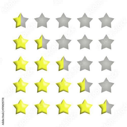 Set of 3D Yellow Rating Star icon from 0.5 to 4.5 Stars. High Quality Editable Icon Vector