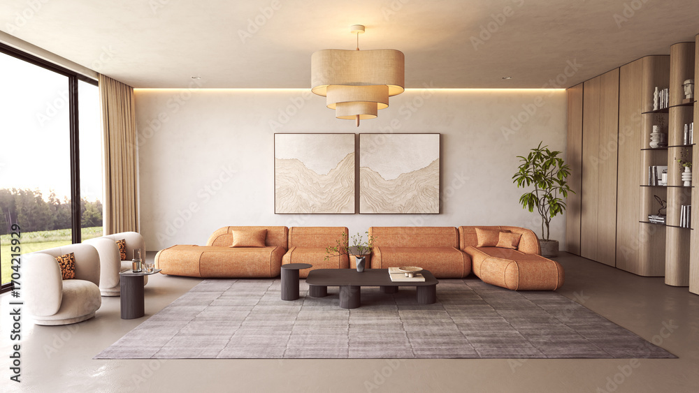 Fototapeta premium Contemporary lounge with orange sofa and large windows