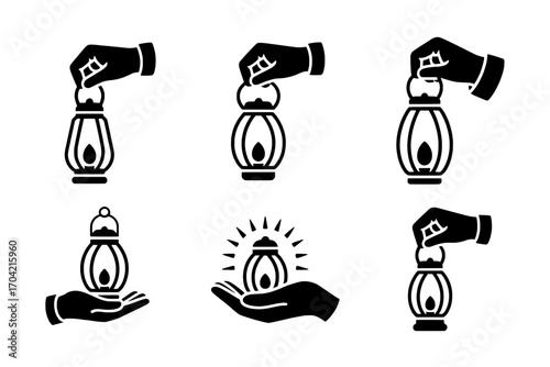 Six Black Silhouette Icons: Hand Holding and Lighting Oil Lamps, Variation in Presentation