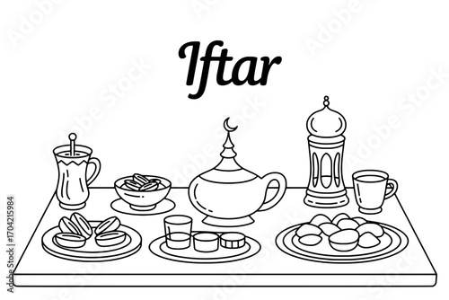 Iftar Meal: Line Art Illustration of Ramadan Breaking Fast Table Setting