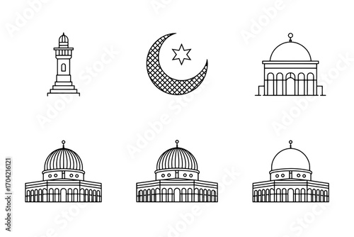 Six Line Art Icons: Mosque Dome, Crescent Moon, Star, and Minaret – Islamic Religious Symbols