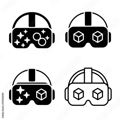 Four VR Headset Icons: Solid & Outlined Styles with Varying Display Elements