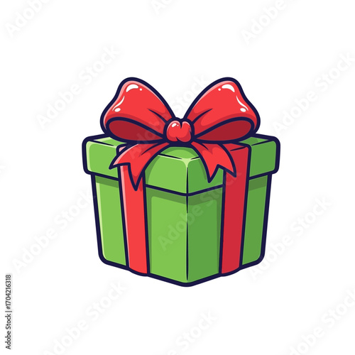 Green gift box with red ribbon and bow
