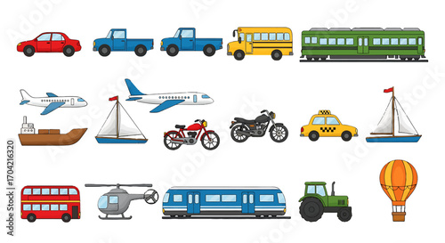 Collection of diverse transportation vehicles and modes of travel
