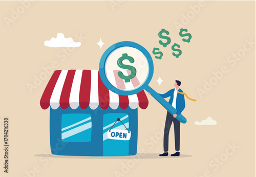 Business evaluation, analyze company worth or market value, merger and acquisition to determine corporate valuation, revenue profit or earning concept, businessman evaluate company with dollar money.