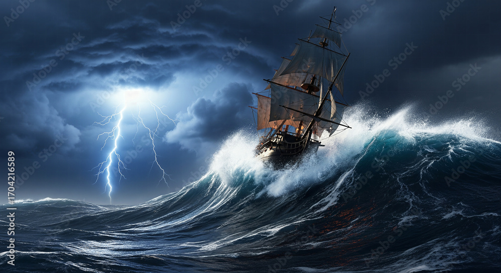 Obraz premium A realistic illustration of a tall ship navigating a giant wave during a lightning storm