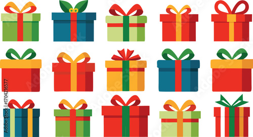 Colorful gift boxes set for christmas. Vector illustration present boxes on transparent background. Flat design style.