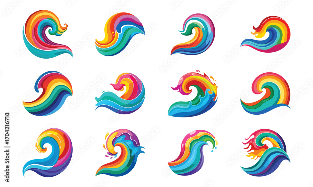 Naklejka premium Colorful Travel and Lifestyle Vector Illustration Set – Airplane Window, Luggage, ATM, Shopping Bag, Globe, Picnic Basket, Rainbow, Gift Box, Waves, Tower, Mountain, and Cloud Icons on White Backgrou