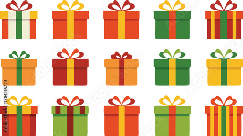 Colorful gift boxes set for christmas. Vector illustration present boxes on transparent background. Flat design style.