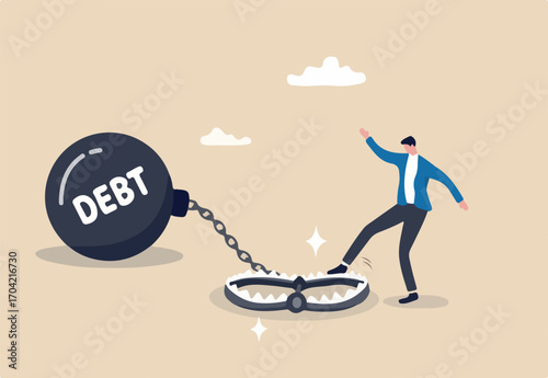 Debt trap overspending causing danger debt, temptation buying, loan or credit card obligation, money burden despair, financial trap failure or bankruptcy concept, young man step on risky debt trap.