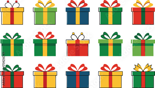 Colorful gift boxes set for christmas. Vector illustration present boxes on transparent background. Flat design style.