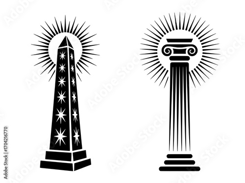 Two Black and White Icons: Obelisk and Ionic Column with Sunburst