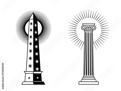 Two Black and White Line Art Icons: Obelisk with Sunburst and Classical Column