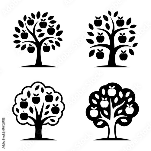 Four Apple Tree Icons: Variations in Style and Shape