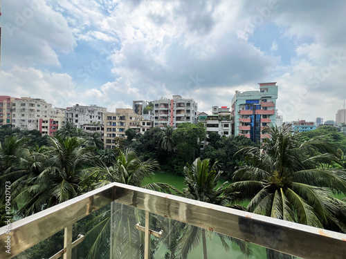 City View from Balcony with Palm Trees and Lake
