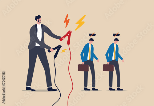 Employee recharge to boost productivity, boost energy to work or recharge after long time Coronavirus quarantine concept, manager holding huge charging cable ready to charge low battery employees. 