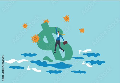 America jobless and unemployment crisis from COVID-19 Coronavirus or recession economy and financial crash concept, jobless businessman holding US Dollar sign sinking into ocean with virus pathogen.