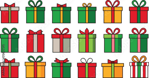Colorful gift boxes set for christmas. Vector illustration present boxes on transparent background. Flat design style.