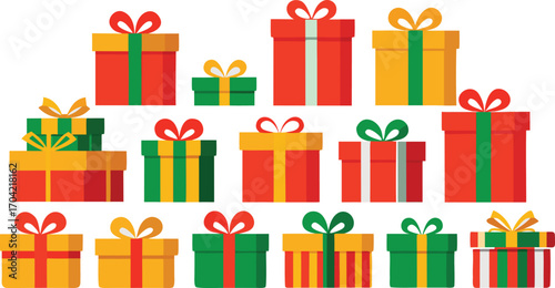 Colorful gift boxes set for christmas. Vector illustration present boxes on transparent background. Flat design style.