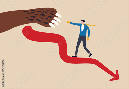 Fight bear market to survive and win in financial crisis concept, investor businessman in suit and tie wearing boxing gloves standing on red plunging stock market to bravely fight with bear claws.