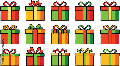 Colorful gift boxes set for christmas. Vector illustration present boxes on transparent background. Flat design style.