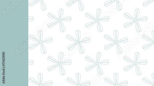 A repeating pattern of six petal flowers in light blue with a solid blue block on the left side