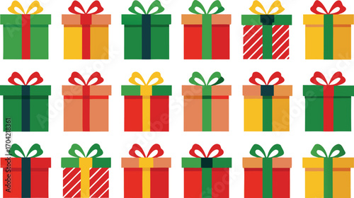 Colorful gift boxes set for christmas. Vector illustration present boxes on transparent background. Flat design style.