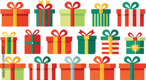 Colorful gift boxes set for christmas. Vector illustration present boxes on transparent background. Flat design style.