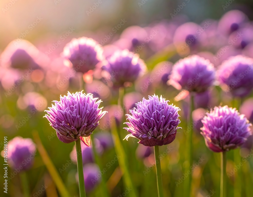Fototapeta premium Purple flower field at sunrise