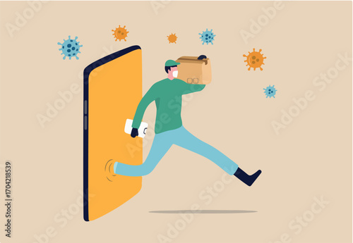 Shopping online and fast shipping while self quarantine in social distancing Coronavirus COVID-19 outbreak concept, agile delivery man run from smart phone shopping website ship package to customer