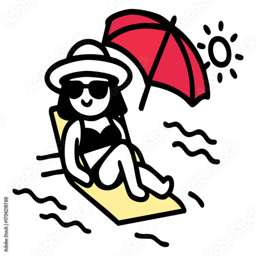 Vector illustration of a person on a sun lounger with a parasol, symbolizing summer vacation, travel, and beachside relaxation