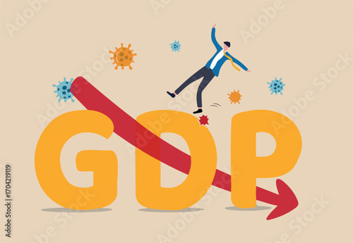 Gross Domestic Product, GDP decrease due to COVID-19 Coronavirus outbreak world wide economic recession concept, businessman fall from big alphabet GDP with red arrow pointing down and virus pathogen.