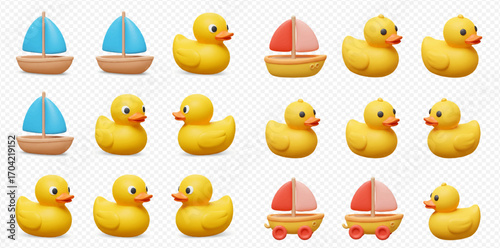 Repeating pattern of yellow rubber ducks and toy sailboats on a transparent background.