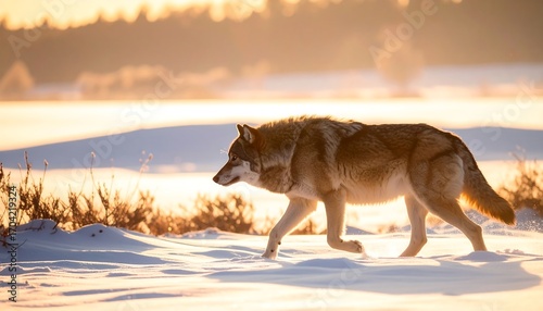 Lone wolf walks snowy landscape, golden light