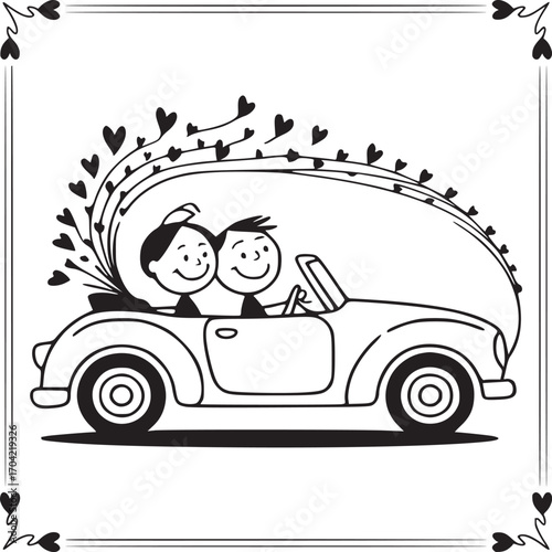 Love's Journey: A romantic cartoon illustration depicts a couple in a convertible car, surrounded by whimsical hearts, signifying love and togetherness. A scene of shared journey.
