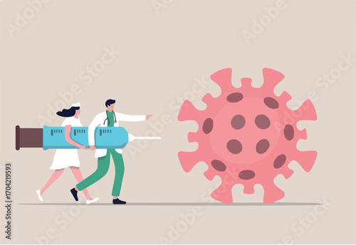 COVID-19 Virus Vaccine, syringe injection, prevention, immunization, cure and treatment for coronavirus infection, doctors carrying big syringe injecting COVID-19 Virus pathogen. 