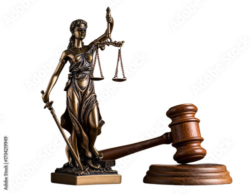 Brown justice statue with scale and wooden gavel  