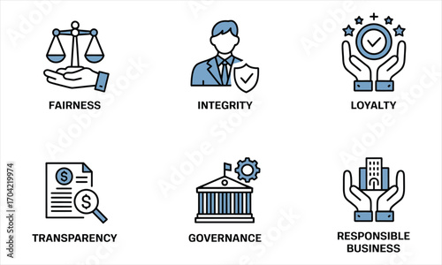 Business ethics and corporate social responsibility are illustrated with these six stylized and isolated icon designs