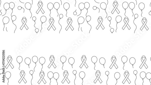 A simple pattern of ribbons and balloons arranged in rows on a white background in a minimalist style