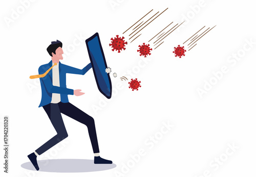 COVID-19 Coronavirus protection and quarantine or business risk prevention from novel virus outbreak concept, businessman holding knight shield to protect from COVID-19 Virus pathogens
