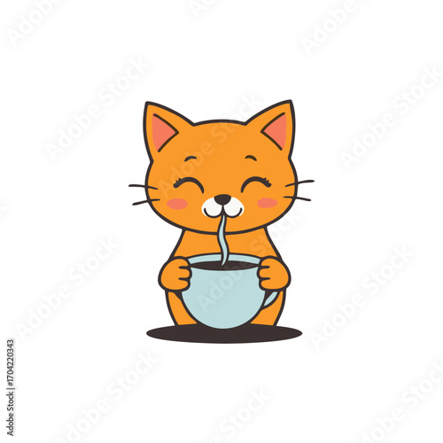 Adorable Cartoon Cat Holding a Coffee Mug Vector Design Perfect for Cafe Branding, Beverage Artwork, and Funny Animal Character Style