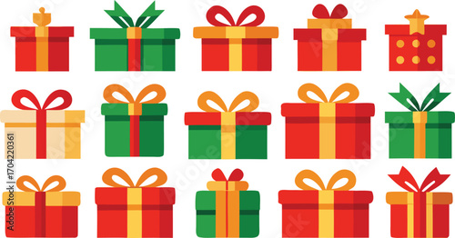 Christmas gifts set, New Year presents, gift boxes with ribbons, vector illustration on transparent background