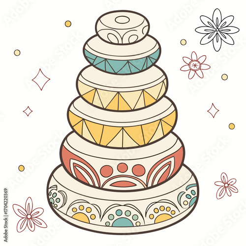 Colorful stacking toy with geometric and floral patterns